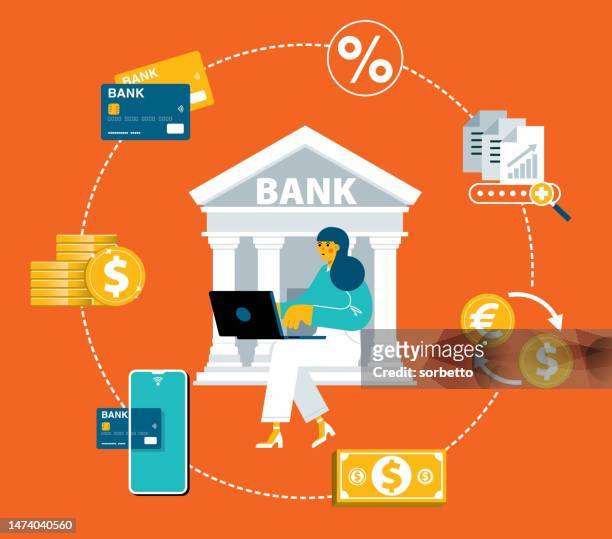 ilustraciones, imágenes clip art, dibujos animados e iconos de stock de banca online - empresaria - onlinebanking