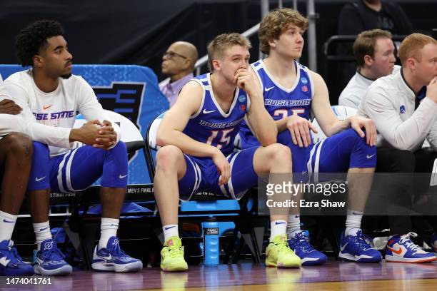 Jace Whiting of the Boise State Broncos reacts as they lose to the Northwestern Wildcats 75-67 during the second half in the first round of the NCAA...