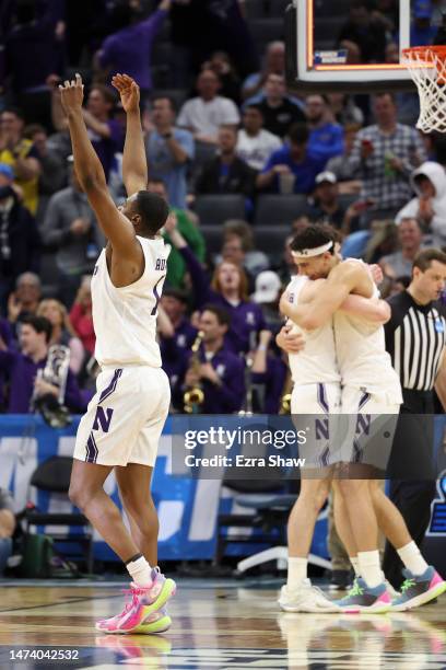 Chase Audige of the Northwestern Wildcats reacts after beating the Boise State Broncos 75-67 in the first round of the NCAA Men's Basketball...