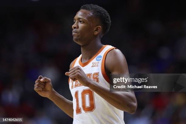 Sir'Jabari Rice of the Texas Longhorns celebrates after defeating the Colgate Raiders 81-61 in the first round of the NCAA Men's Basketball...