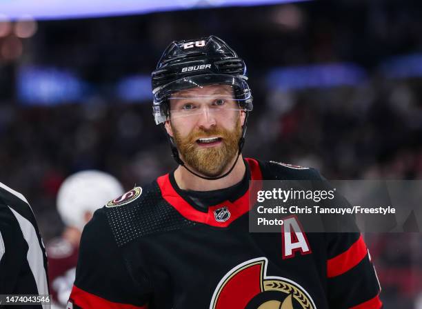 Claude Giroux o the Ottawa Senators looks on during the third period against the Colorado Avalanche at Canadian Tire Centre on March 16, 2023 in...