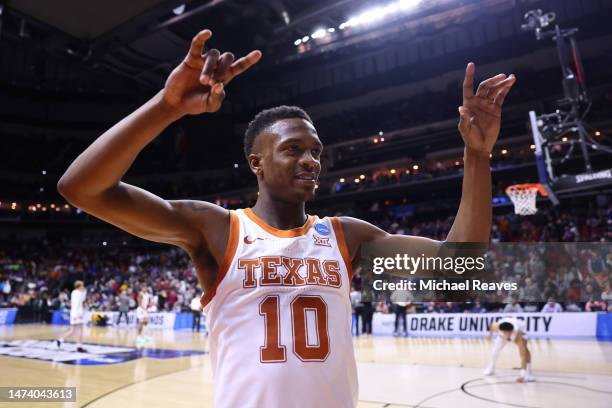 Sir'Jabari Rice of the Texas Longhorns celebrates after defeating the Colgate Raiders 81-61 in the first round of the NCAA Men's Basketball...