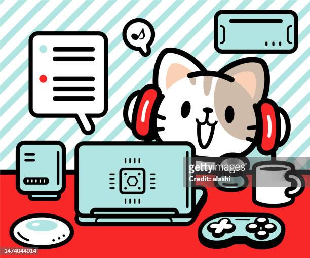 eine süße katze, die an einem schreibtisch sitzt und einen laptop benutzt und mit künstlicher intelligenz interagiert und technologie genießt - cat vr stock-grafiken, -clipart, -cartoons und -symbole