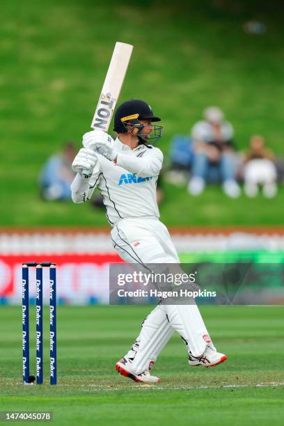 Devon Conway of New Zealand bats during day one of the Second Test Match between New Zealand and Sri Lanka at Basin Reserve on March 17, 2023 in...