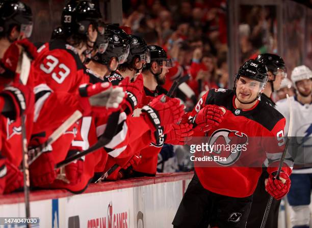 Timo Meier of the New Jersey Devils celebrates his goal in the third period against the Tampa Bay Lightning at Prudential Center on March 16, 2023 in...