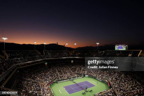 General view of Carlos Alcaraz of Spain in action against Felix Auger-Aliassime of Canada in the quarter finals during the BNP Paribas Open on March...