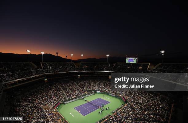 General view of Carlos Alcaraz of Spain in action against Felix Auger-Aliassime of Canada in the quarter finals during the BNP Paribas Open on March...