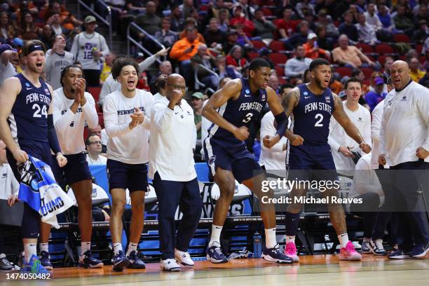 Kebba Njie of the Penn State Nittany Lions and teammates react after a play during the first half against the Texas A&M Aggies in the first round of...