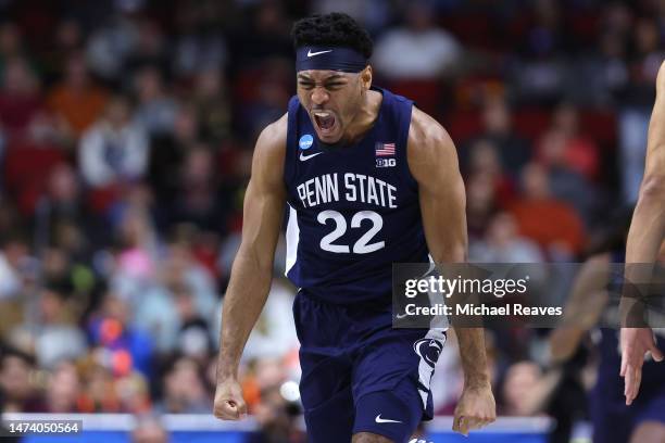 Jalen Pickett of the Penn State Nittany Lions reacts during the first half against the Texas A&M Aggies in the first round of the NCAA Men's...
