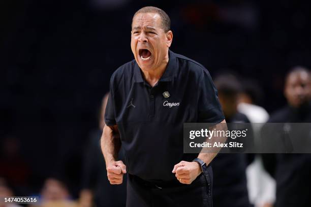 Head coach Kelvin Sampson of the Houston Cougars reacts during the second half against the Northern Kentucky Norse in the first round of the NCAA...