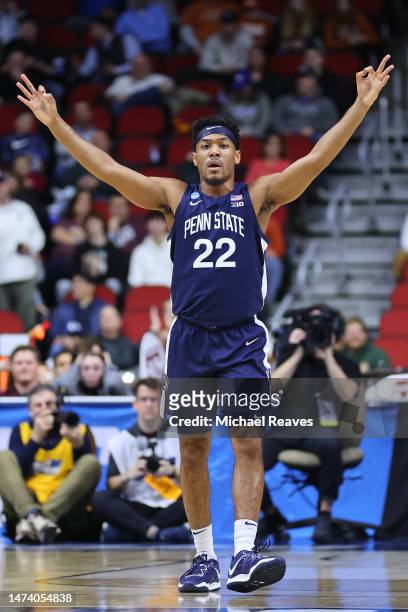 Jalen Pickett of the Penn State Nittany Lions reacts after his team scores a 3-point basket during the second half against the Texas A&M Aggies in...