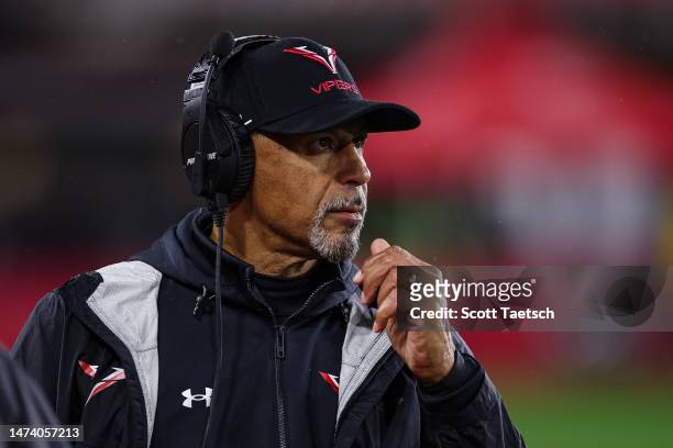 Head coach Rod Woodson of the Vegas Vipers looks on during the first half of the XFL game against the DC Defenders at Audi Field on March 12, 2023 in...