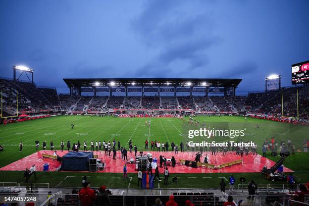 General view of the opening kick-off of the XFL game between the DC Defenders and the Vegas Vipers at Audi Field on March 12, 2023 in Washington, DC.