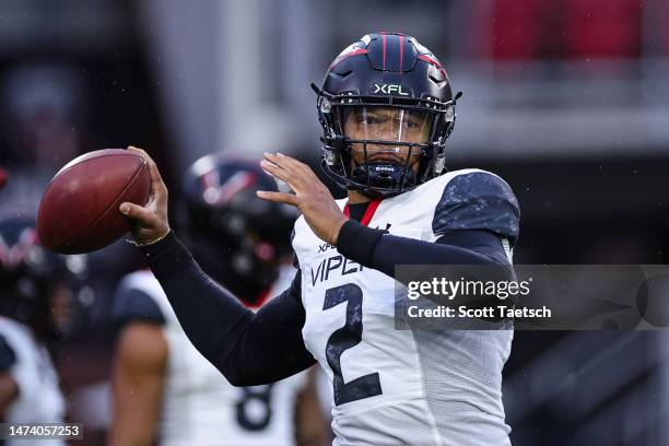 Brett Hundley of the Vegas Vipers attempts a pass before the XFL game against the DC Defenders at Audi Field on March 12, 2023 in Washington, DC.