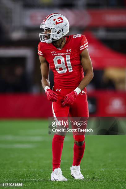 Josh Malone of the DC Defenders lines up against the Vegas Vipers during the second half of the XFL game at Audi Field on March 12, 2023 in...