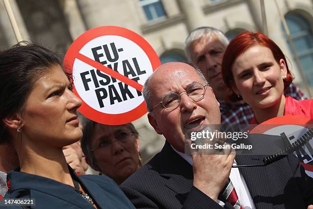 Die Linke left-wing leading politicians Sahra Wagenknecht , Gregor Gysi and Katja Kipping lead a protest against the European Union fiscal pact...
