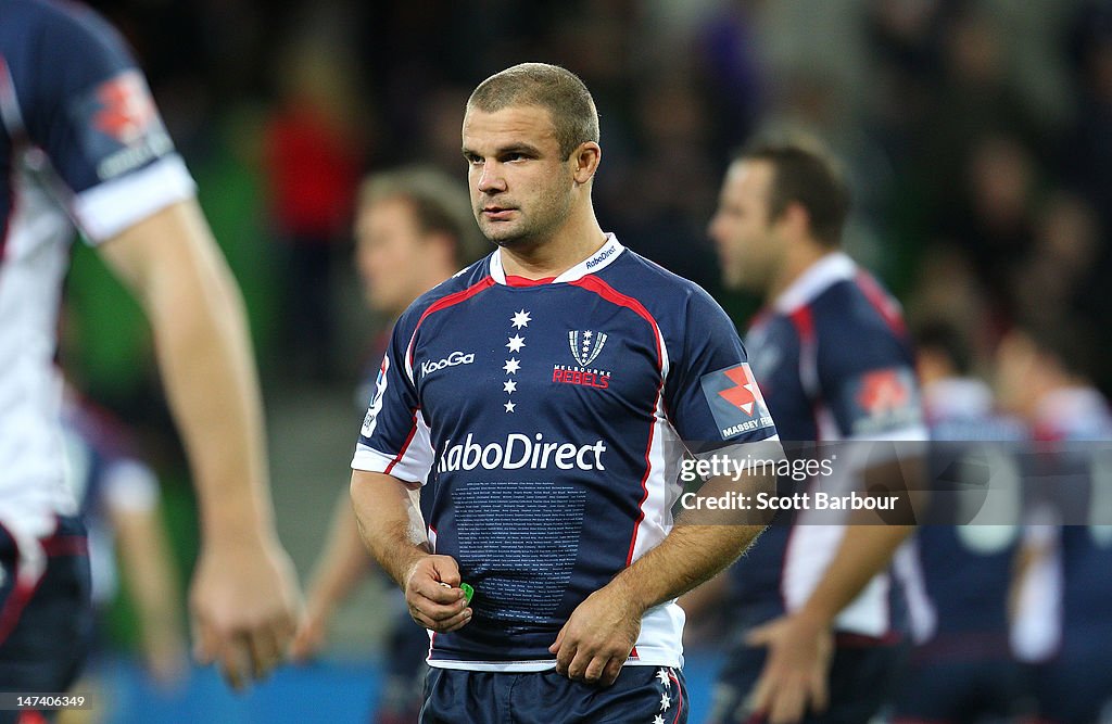 Adam Rudd Rugby Adam Freier of the Rebels looks on during the round 16 Super Rugby ...