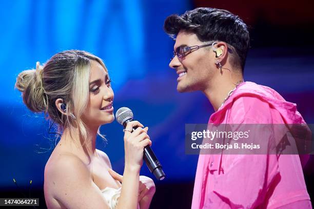 Ana Mena and Abraham Mateo performs on stage during the "Cadena Dial" Awards 2023 on March 16, 2023 in Santa Cruz de Tenerife, Spain.