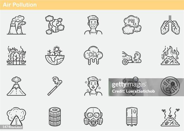 air pollution , air purifier , dust, oxygen, anti-bacteria , pm 2.5, air filter , smoke , factory , carbon dioxide , gas , analysis and control of excess gases icon set, outline, flat , line icons - smog icon stock illustrations