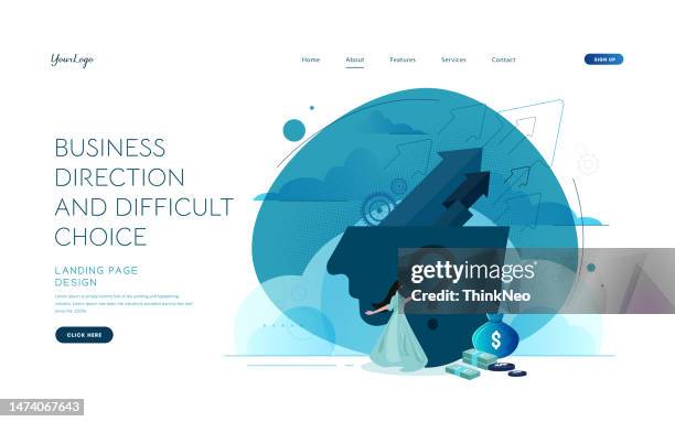 thoughtful business woman with question and exclamation marks above head - head forward white background stock illustrations