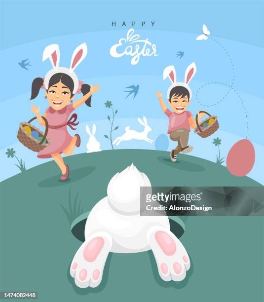 easter egg hunt party. happy kids. easter bunny jumping in the hole. - easter bunny cartoon stock illustrations