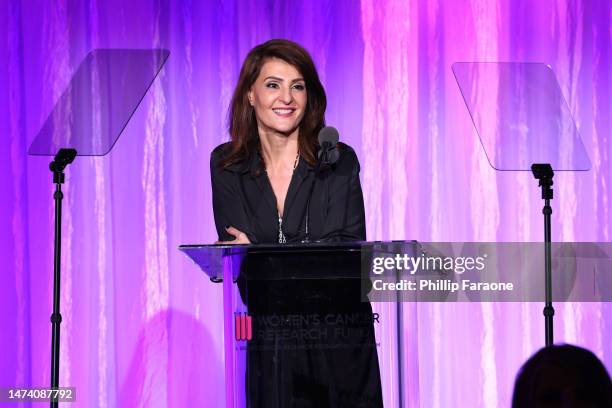 Nia Vardalos speaks onstage during An Unforgettable Evening at Beverly Wilshire, A Four Seasons Hotel on March 16, 2023 in Beverly Hills, California.