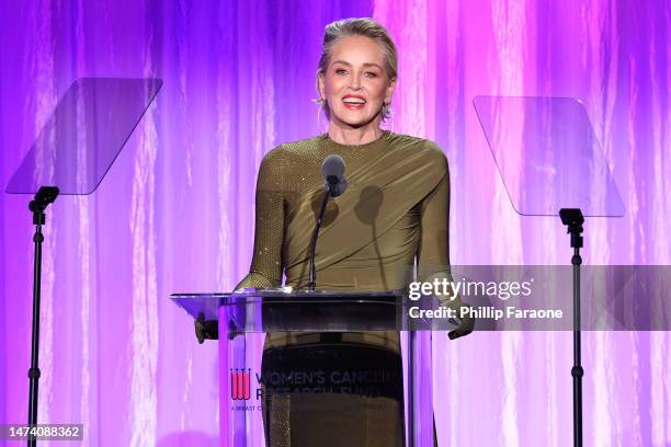Honoree Sharon Stone speaks onstage during An Unforgettable Evening at Beverly Wilshire, A Four Seasons Hotel on March 16, 2023 in Beverly Hills,...