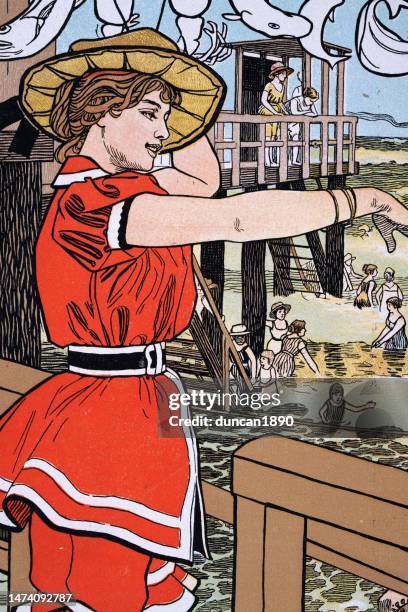 ilustrações, clipart, desenhos animados e ícones de mulher vitoriana nova no fato de banho, pessoas que nadam no mar, vacação à beira-mar, alemão, jugendstil art nouveau - fato vermelho