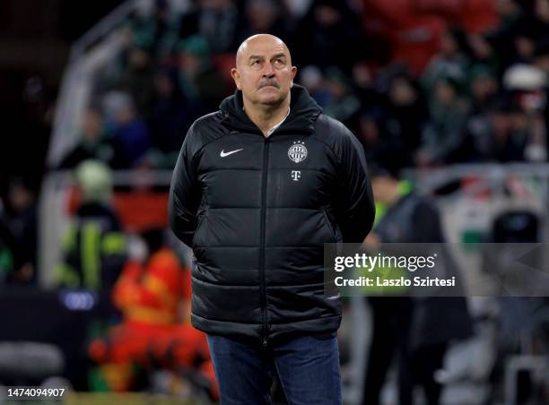 Stanislav Cherchesov, Head Coach of Ferencvarosi TC looks on during the UEFA Europa League round of 16 leg two match between Ferencvarosi TC and...