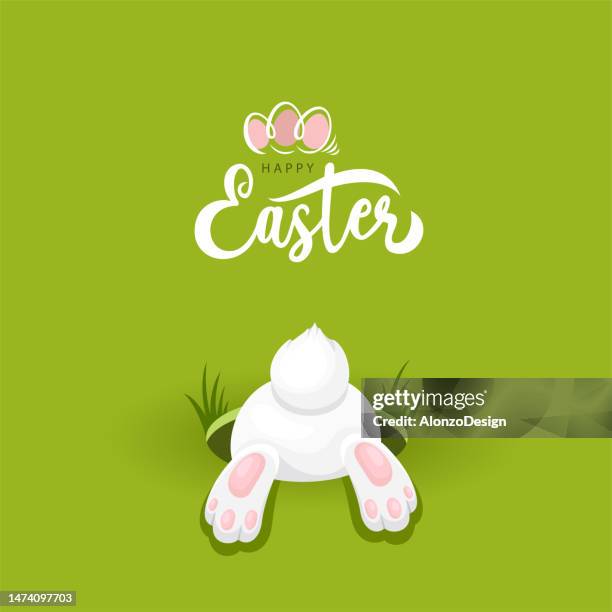 ilustrações de stock, clip art, desenhos animados e ícones de easter bunny and logo. easter egg hunt poster. easter bunny jumping in the hole. - tail