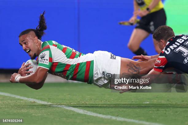 Keaon Koloamatangi of the Rabbitohs scores a try during the round three NRL match between Sydney Roosters and South Sydney Rabbitohs at Allianz...