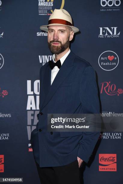 Raimondo Rossi arrives on the red carpet for Los Angeles Fashion Week Powered by Art Hearts Fashion at The Majestic Downtown on March 16, 2023 in Los...