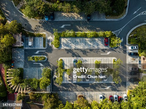 Aerial view of the parking lot in the urban green belt Aerial view of the parking lot in the urban green belt
