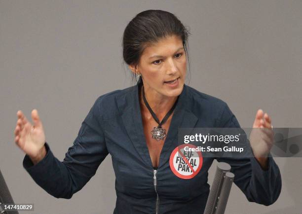 Die Linke left-wing politician Sahra Wagenknecht speaks during debates pior to a vote in the Bundestag on Germany's ratification of the European...