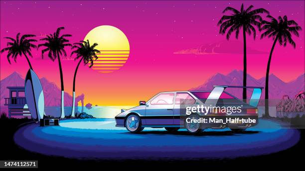 ilustraciones, imágenes clip art, dibujos animados e iconos de stock de ilustración de coche estilo retrowave 80 - coche deportivo