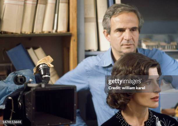 French actress Fanny Ardant with director François Truffaut on the set of his movie Vivement Dimanche! , based on the novel The Long Saturday Night...