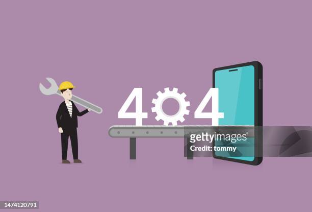 stockillustraties, clipart, cartoons en iconen met the technician uses a tool to fix an error 404 page not found - 404 error
