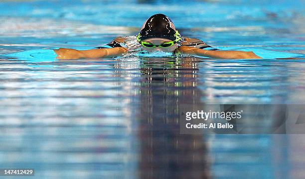 Amanda Beard competes in preliminary heat 12 of the Women's 200 m Breaststroke during Day Five of the 2012 U.S. Olympic Swimming Team Trials at...