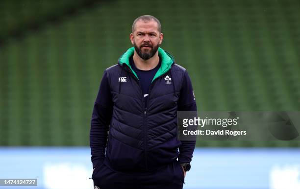 Andy Farrell, the Ireland head coach, looks on during the Ireland captain's run at the Aviva Stadium on March 17, 2023 in Dublin, Ireland.