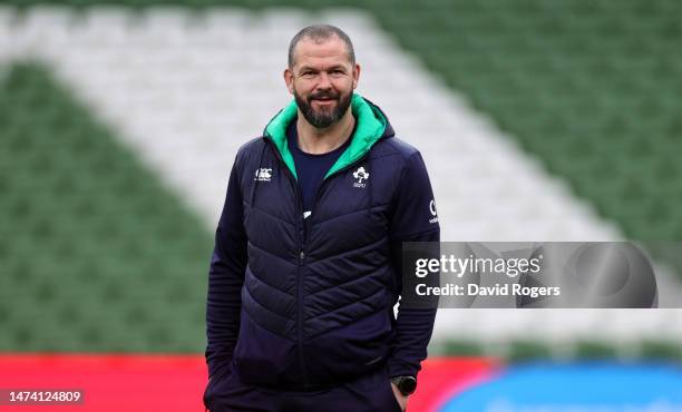 Andy Farrell, the Ireland head coach, looks on during the Ireland captain's run at the Aviva Stadium on March 17, 2023 in Dublin, Ireland.