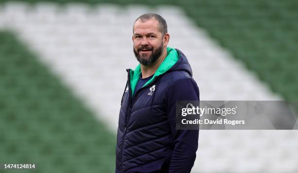 Andy Farrell, the Ireland head coach, looks on during the Ireland captain's run at the Aviva Stadium on March 17, 2023 in Dublin, Ireland.