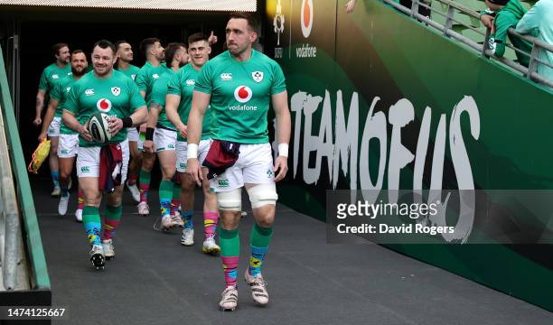 Jack Conan, leads the team out from the tunnel during the Ireland captain's run at the Aviva Stadium on March 17, 2023 in Dublin, Ireland.