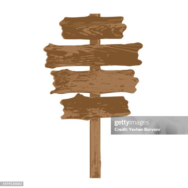 wooden road sign isolated on white background - wooden sign post stockfoto's en -beelden