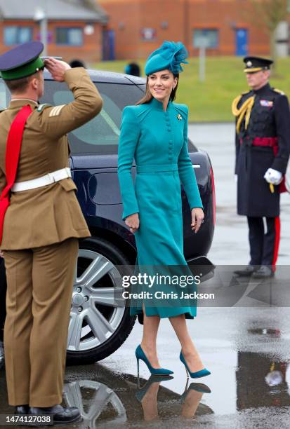 Catherine, Princess of Wales smiles during their arrival at the St. Patrick's Day Parade at Mons Barracks on March 17, 2023 in Aldershot, England....