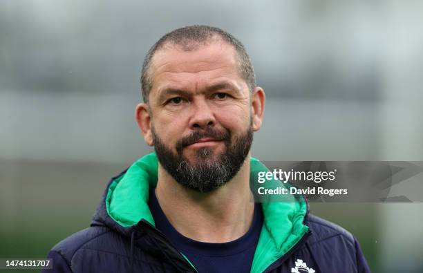 Andy Farrell, the Ireland head coach, looks on during the Ireland captain's run at the Aviva Stadium on March 17, 2023 in Dublin, Ireland.