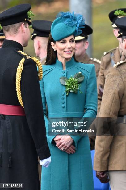 Prince William, Prince of Wales and Catherine, Princess of Wales attend the St. Patrick's Day Parade at Mons Barracks on March 17, 2023 in Aldershot,...