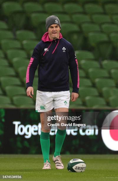Johnny Sexton the Ireland captain looks on during the Ireland captain's run at the Aviva Stadium on March 17, 2023 in Dublin, Ireland.