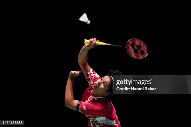 Treesa Jolly and Gayatri Gopichand Pullela of India in action during their womens doubles quarter final match against Wen Mei Li and Xuan Xuan Liu of...
