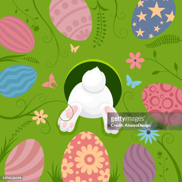 frohe ostern banner, poster, grußkarte. osterhase und eier flyer. - bunny eggs stock-grafiken, -clipart, -cartoons und -symbole