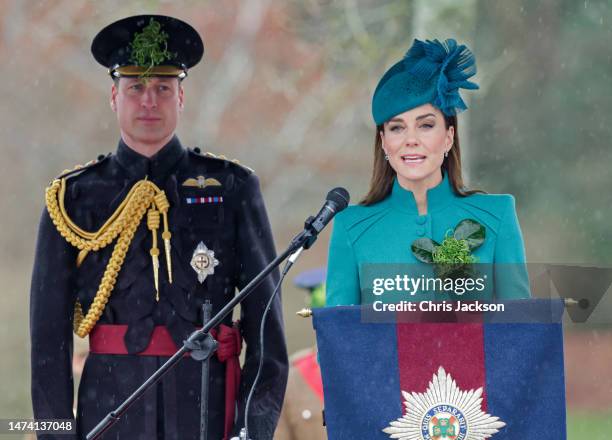 Prince William, Prince of Wales and Catherine, Princess of Wales on stage during the St. Patrick's Day Parade at Mons Barracks on March 17, 2023 in...